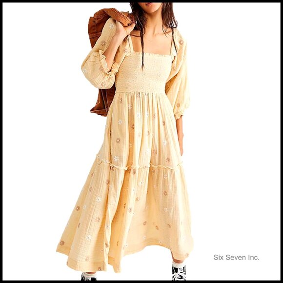 Polyester Bohemian Floral Maxi Dress with Lantern Sleeves and Square Neck